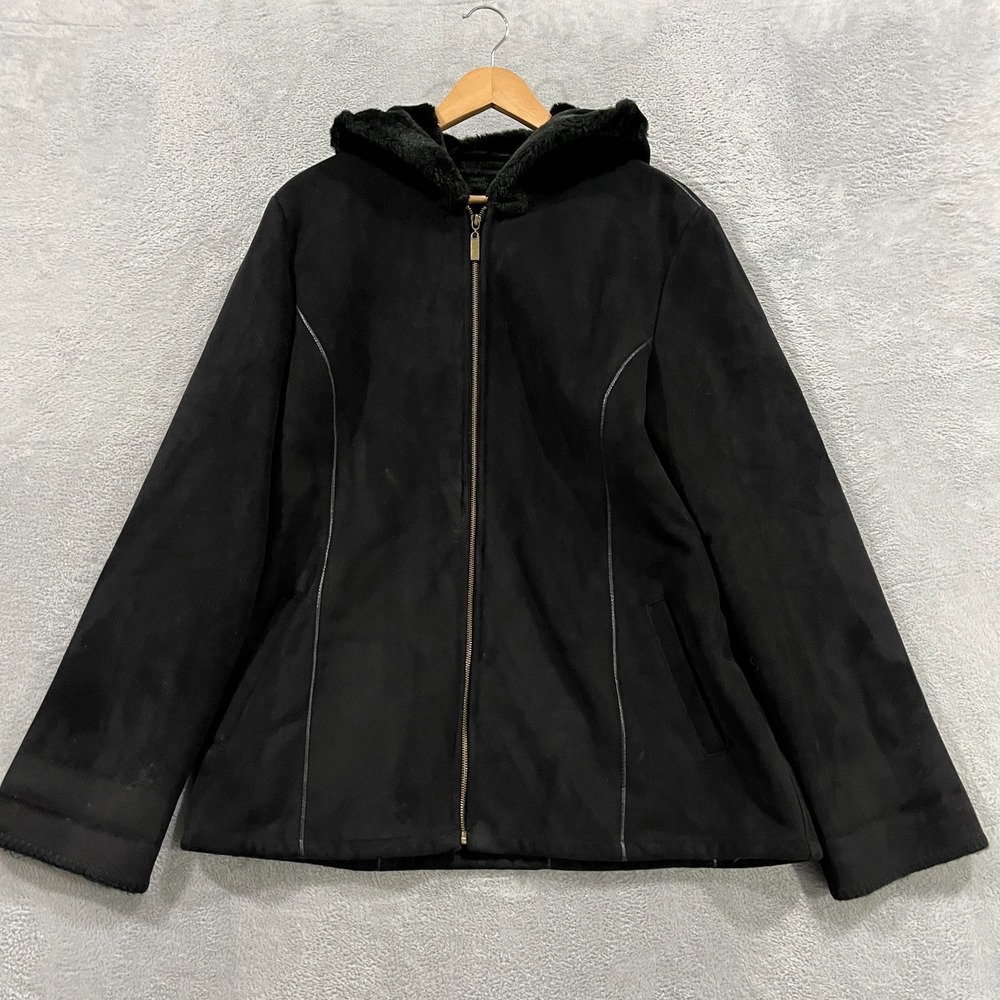 Marvin Richards Suede Fur Hooded Coat Jacket Womens Large Zip Black Grunge